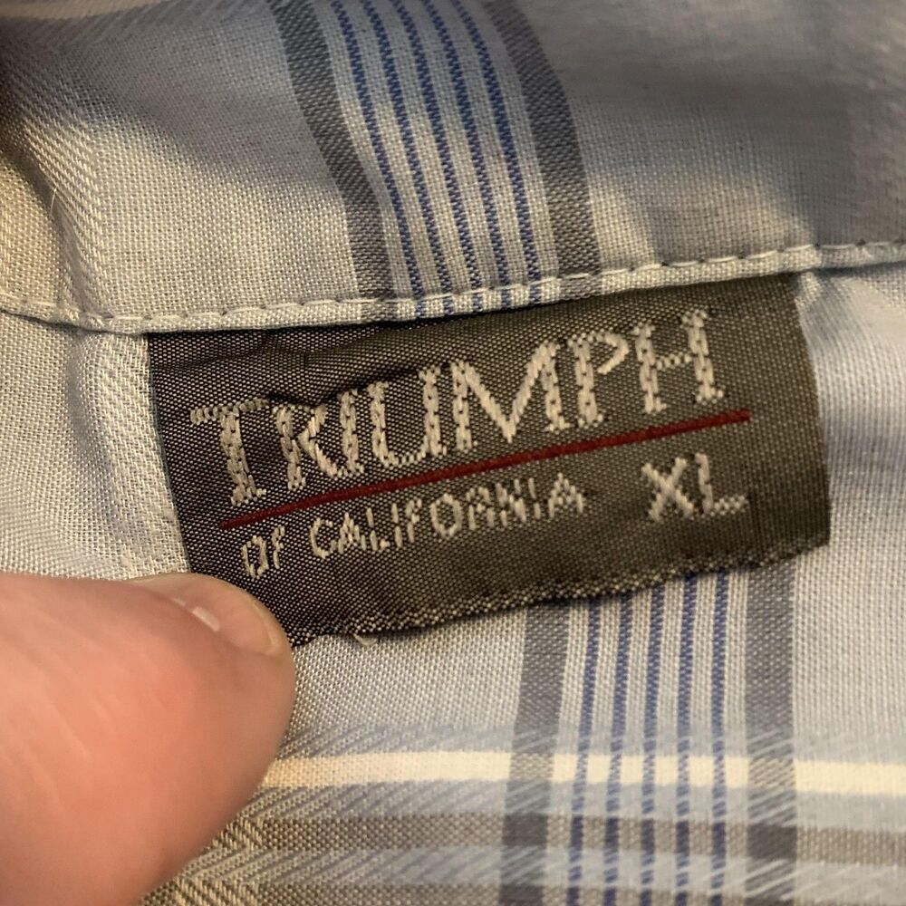 Triumph Of California Shirt Mens XL Blue Gray Plaid Short Sleeve Button Front - Picture 2 of 7